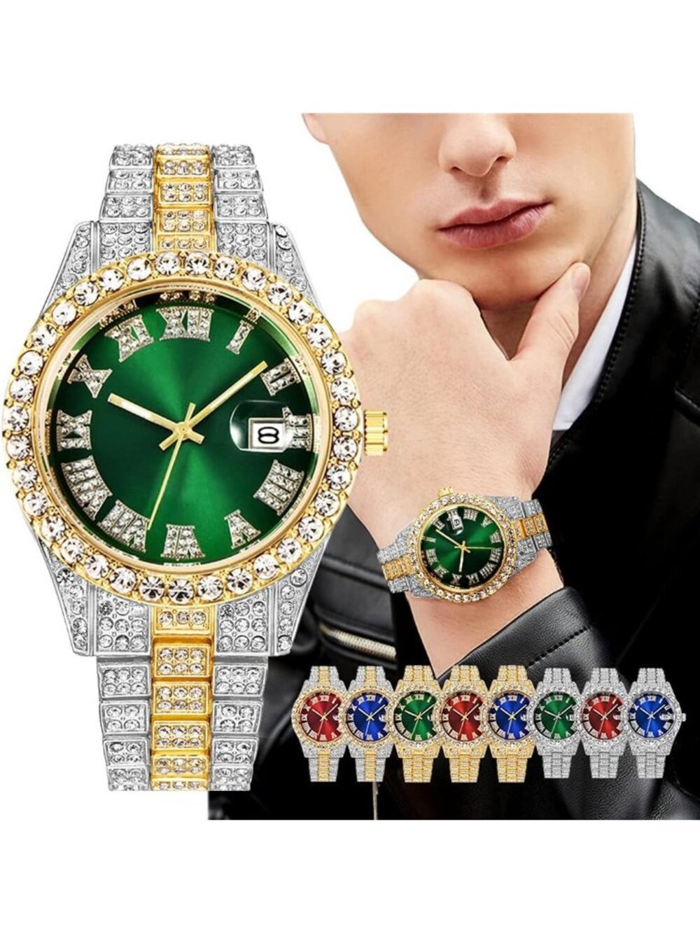 Unisex Red Face Crystal Diamond Quartz Analog Fashion Roman Big Hip Hop Watch - Picture 4 of 5
